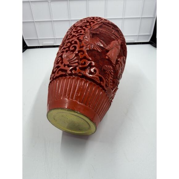 Vintage Chinese Cinnabar Red Lacquer Vase on Stand - Etsy Antique Chinese Cinnabar Lacquered Vase - Carved Red Asian Vase with Brass Rim